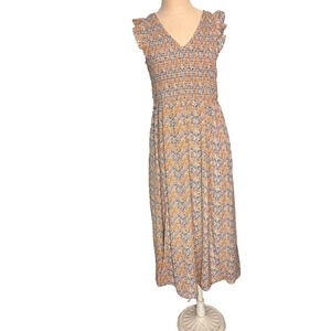 Melloday Dress Small Smocked Cap Sleeve Floral Ruffled V Neck Front Side Splits